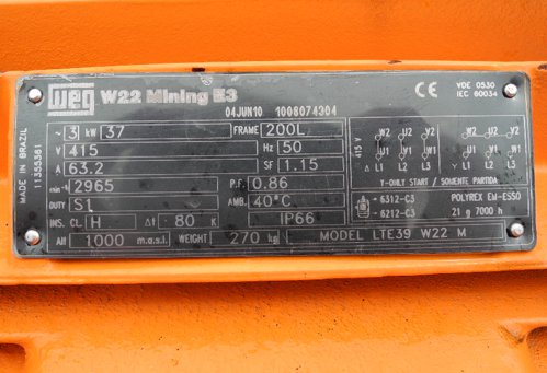 WEG 37kW motor data plate