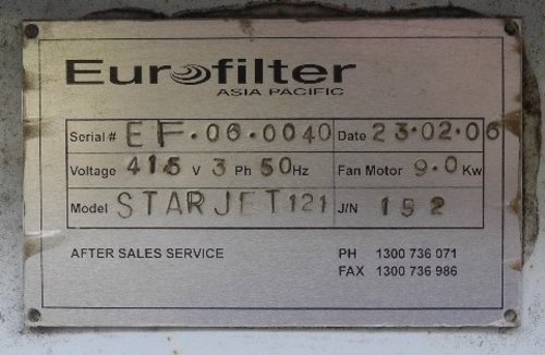Bag house dust collector data plate