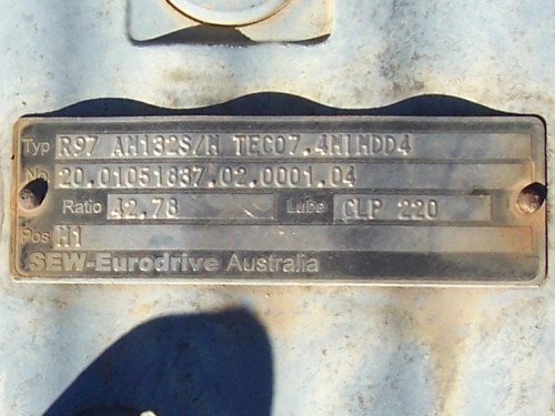 Sew Eurodrive reduction gearbox data plate