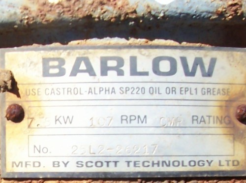 Barlow reduction gearbox data plate