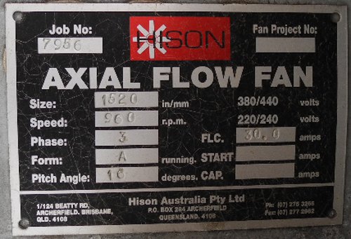 Hison 1520mm dia exhaust fan data plate