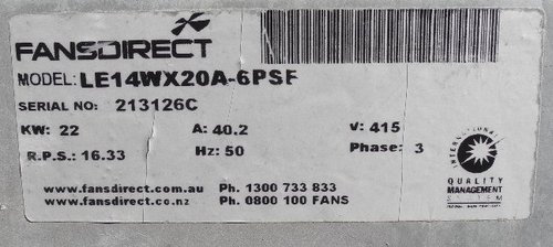 22 kW exhaust fan data plate