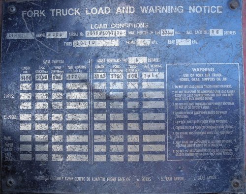 Linde 3 tonne Diesel forklift data plate
