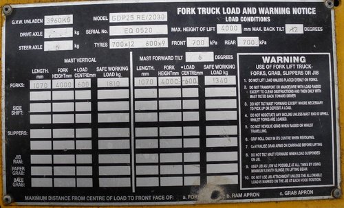 Yale GDP25 diesel forklift data plate