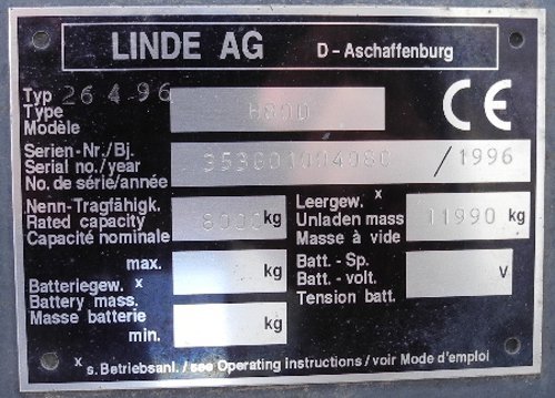 Linde 8 tonne diesel forklift data plate