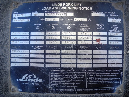 Linde 8 tonne diesel forklift data plate