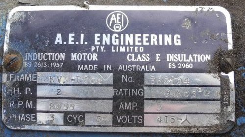 AEI 3 phase motor data plate