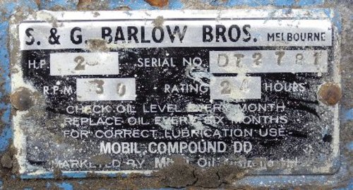 Barlow reduction gear box data plate